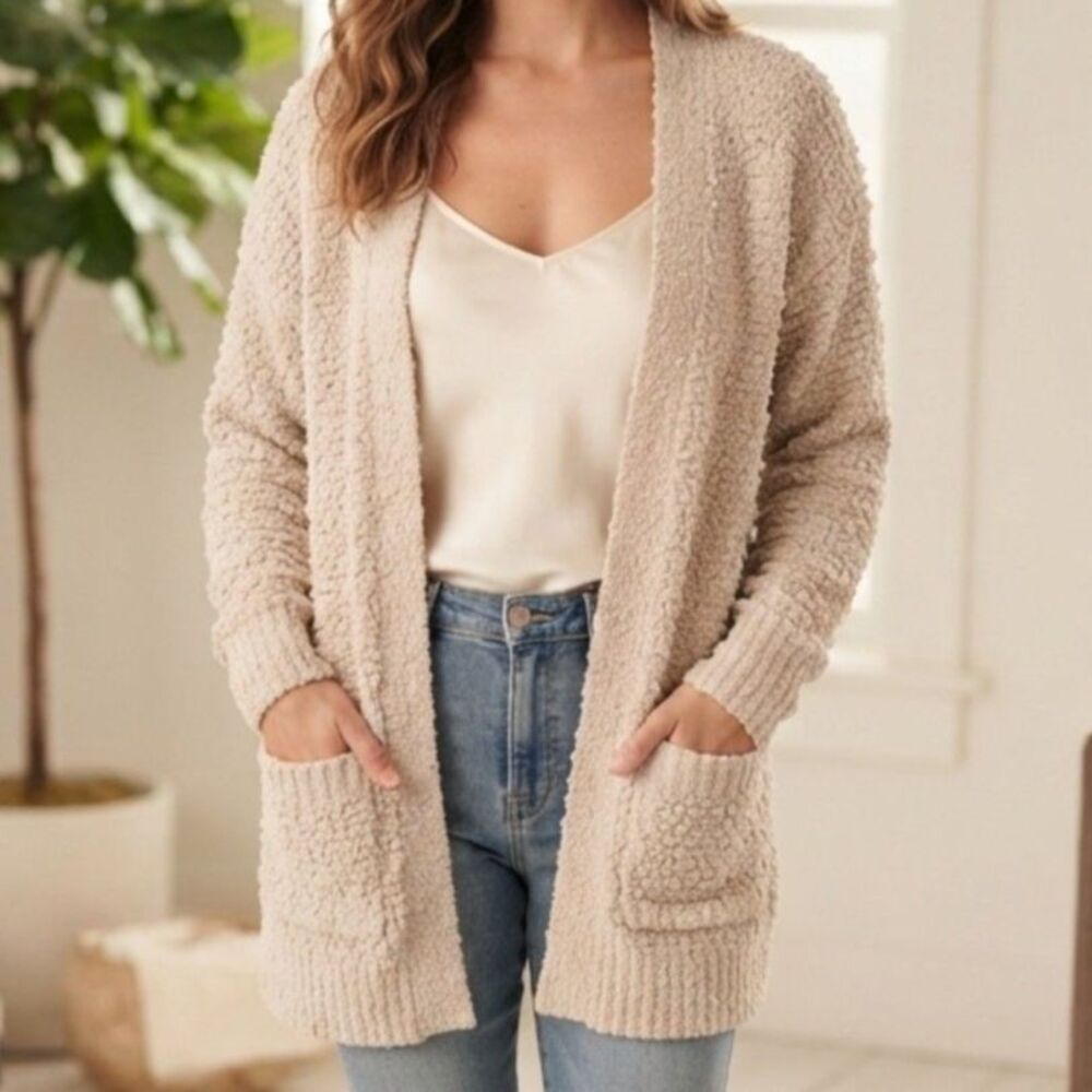 Bobeau Sweater Small Womens Cream Popcorn Knit Cardigan Open Front Draped Pocket